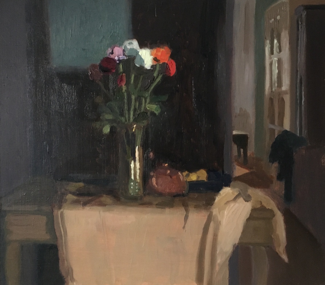 Interior With Flowers &amp; Copper Teapot  12.75&quot; x 14&quot;  Oil On Panel