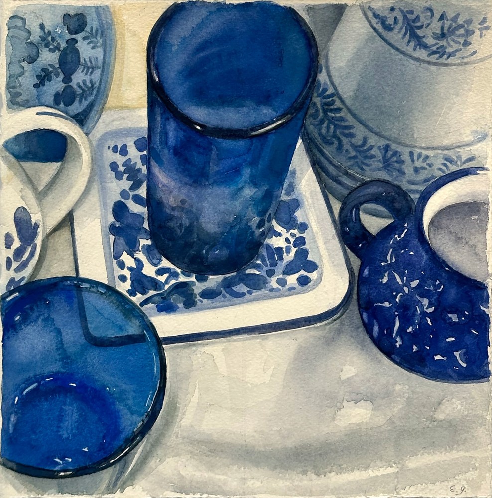 Blue Glasses And Dishware  12.25” x 12.25”  Watercolor On D’Arches Paper