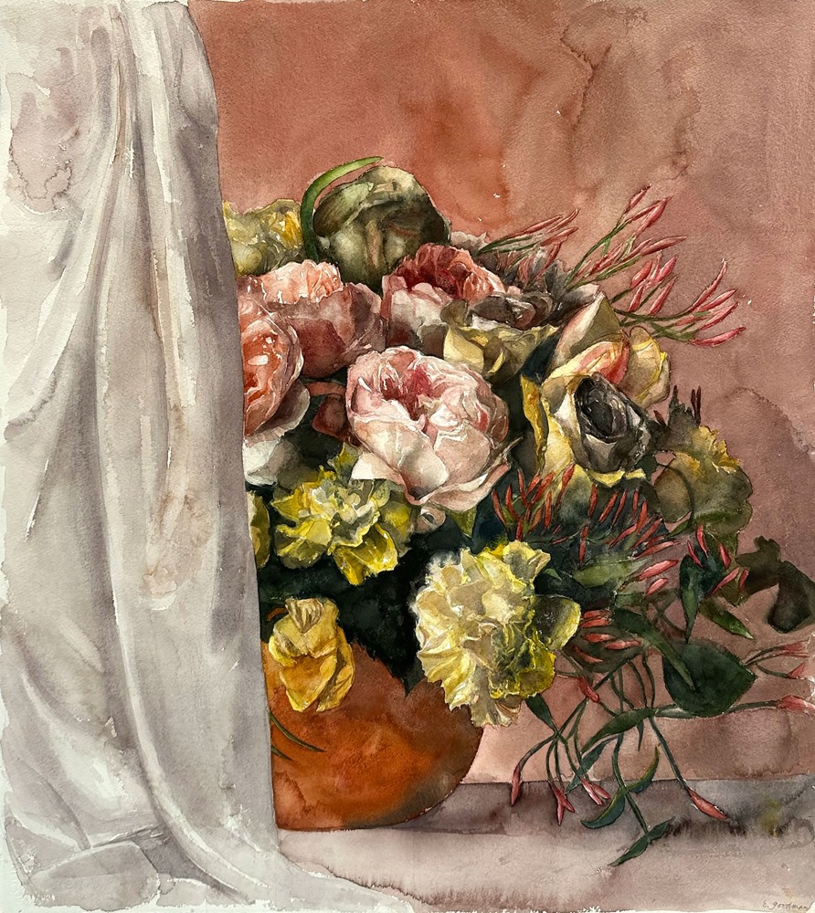 Bouquet And Curtain  29.75” x 26.5”  Watercolor On D’Arches Paper