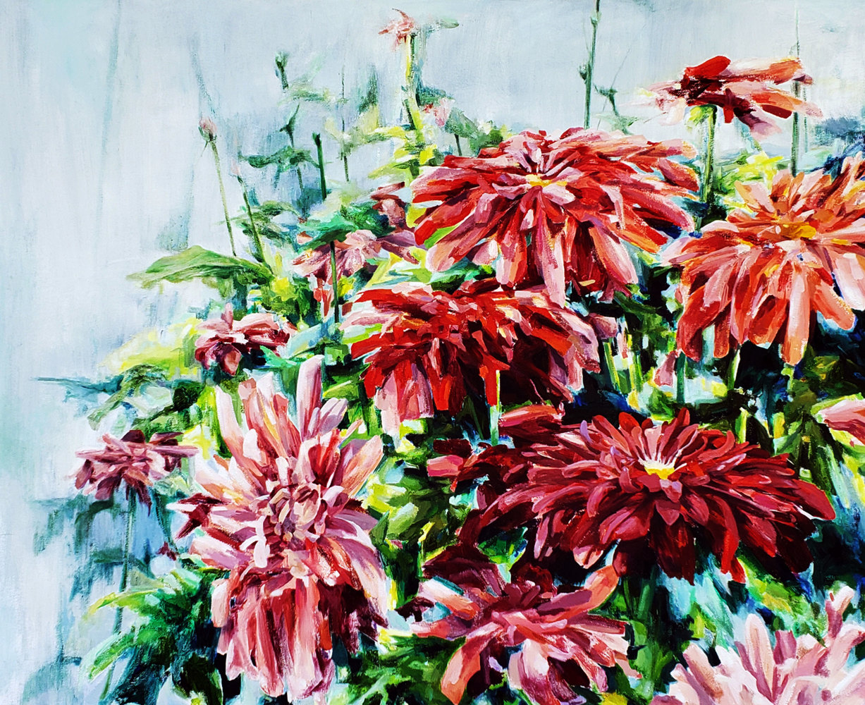 Red Mums, 44&quot; x 54&quot; Oil On Canvas