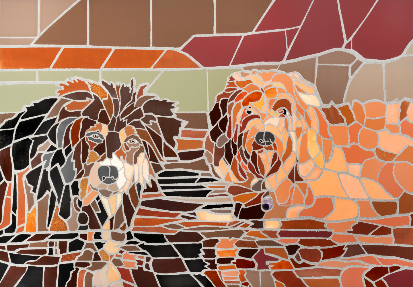 Two Dogs In Water  40&quot; x 28&quot; x 2&quot;  Ceramic Tile, Copper And Amethyst