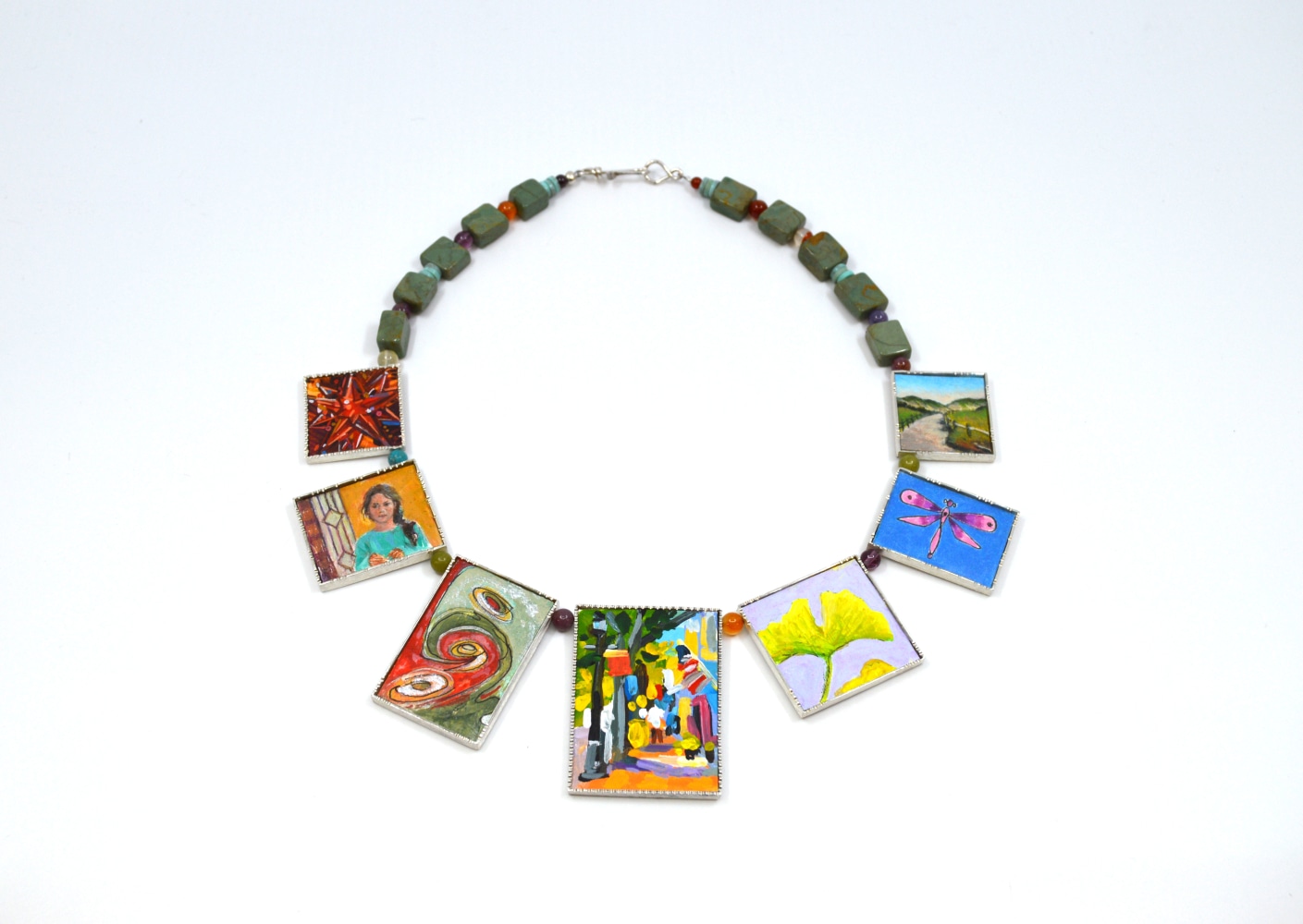 Margery Cooper, Opening Night, Necklace  19&quot;  Sterling Silver, Green Turquoise, Agate Beads, Painted Canvases  (Left to Right) - Brian Defress, Irene Nunn, Neil Dreibelbis, Elaine Lisle, Frank DePietro, Alice Norman Mandel, Eliza Auth