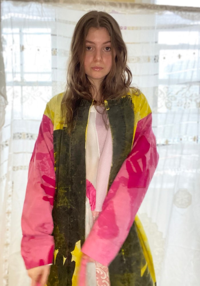 Shelby Donnelly, Hand In Glove Coat  Fits Size Medium/Large, 8 - 10  Hand Screen Printing And Dying On Cotton Twille, Hand Dyed Silk  Care: Dry Clean Only