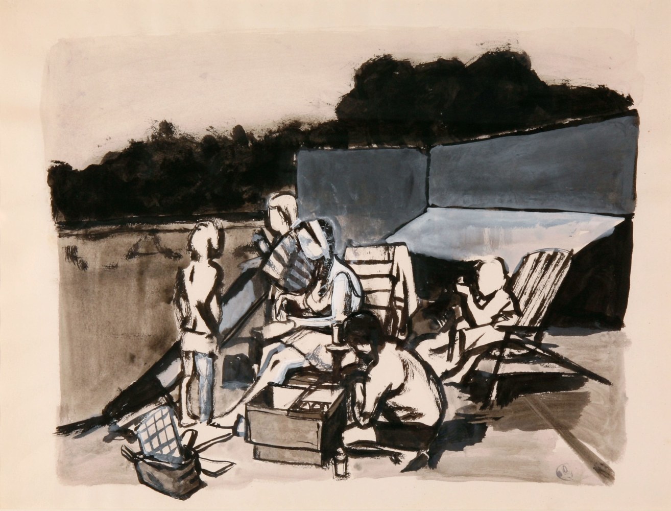 By The Pool III, c. 1968  18&quot; x 24&quot;  Brush And Ink And White Paint On Paper