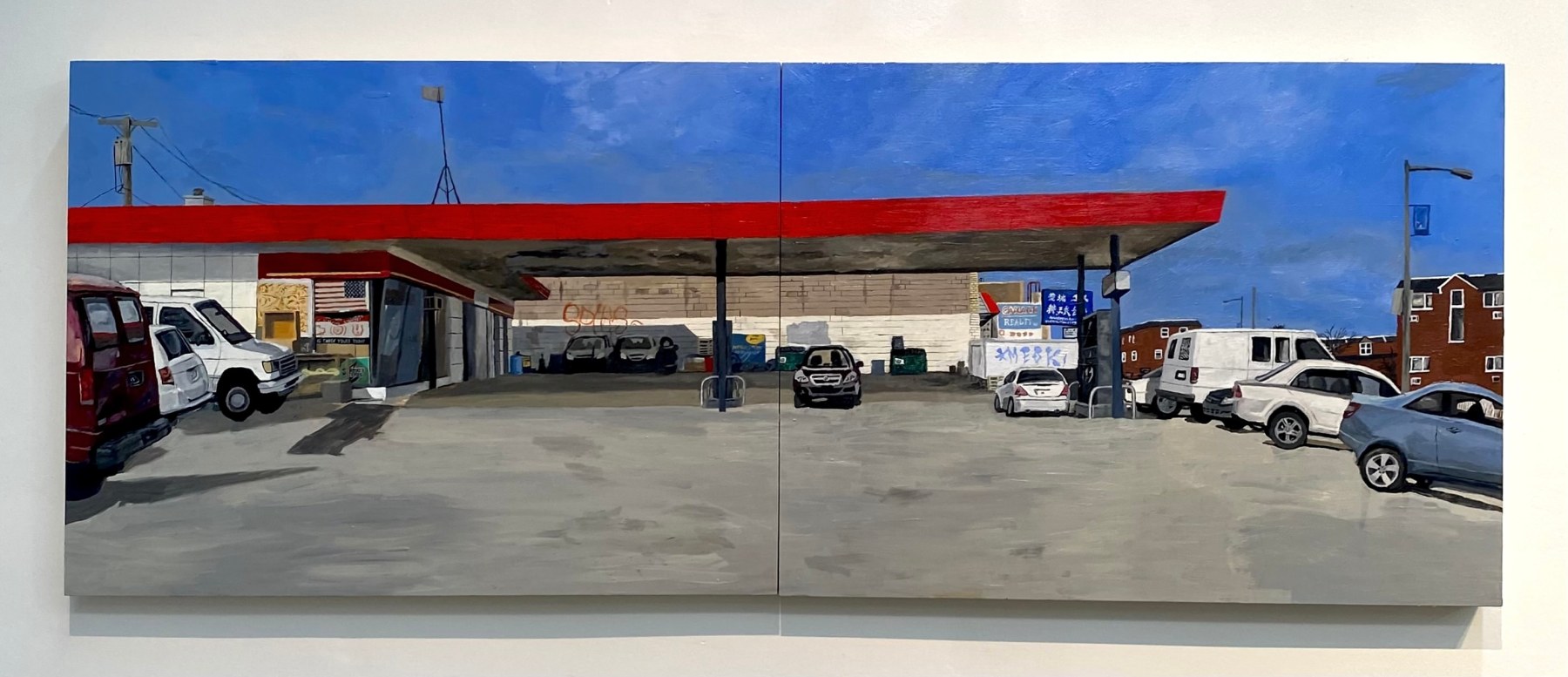 Sidewalk Sale  18″ x 48″  Oil On Panel