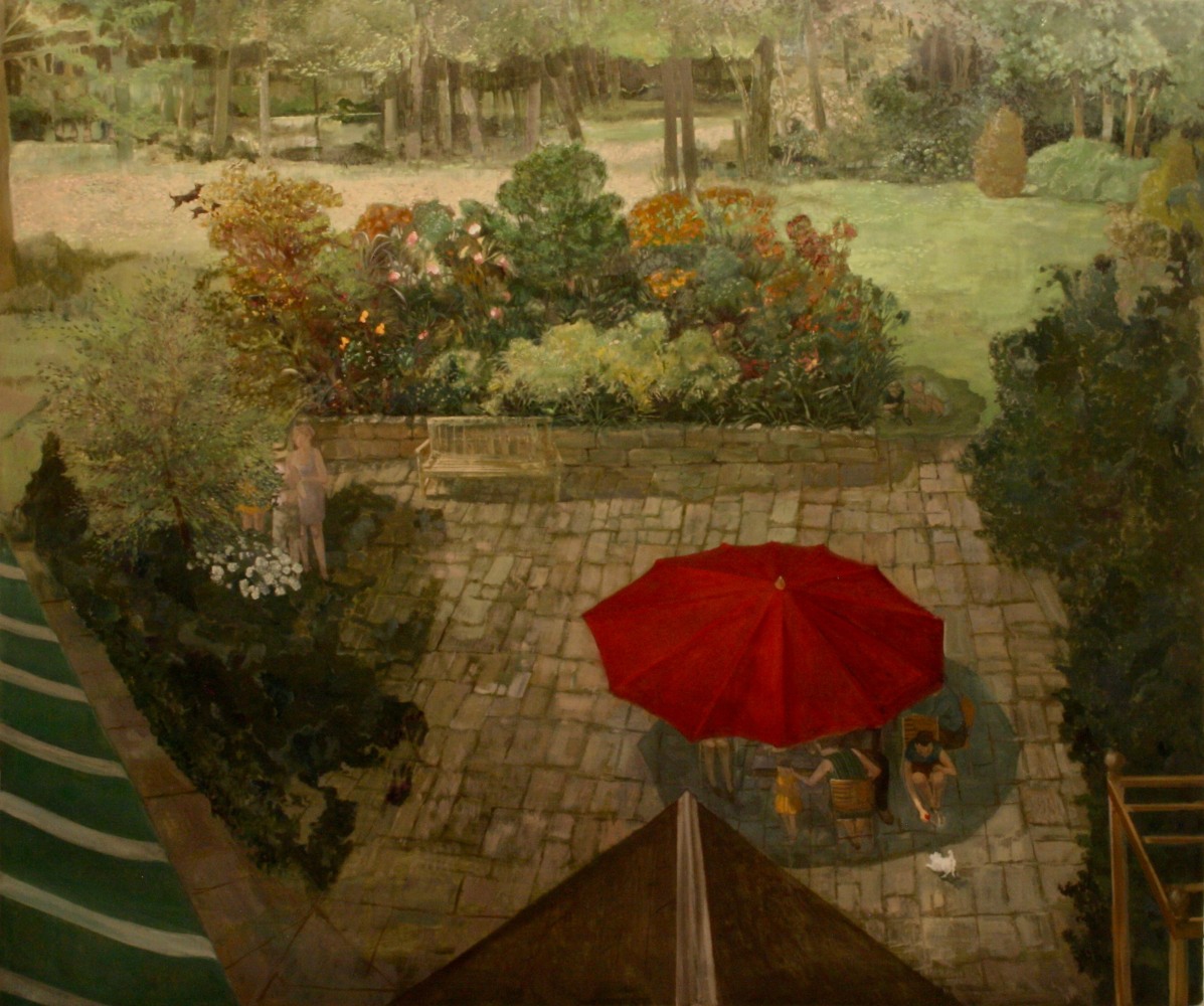Side Yard With Umbrella  74&quot; x 88&quot;  Oil On Canvas