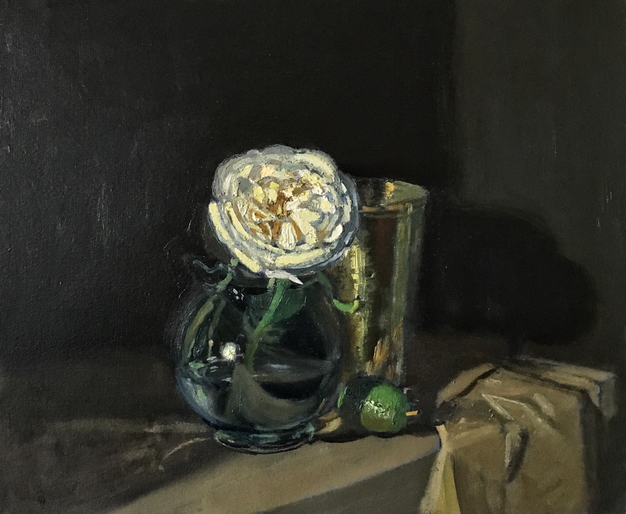 White Rose And Lime   10.5&quot; x 12.5&quot; Oil On Panel