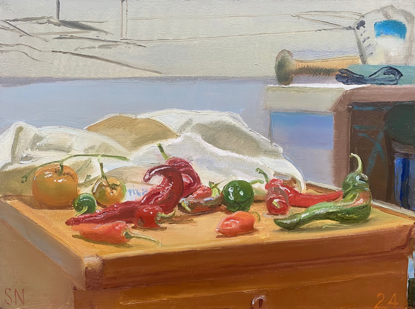 Still Life With Peppers On Table  18” x 24”  Oil On Canvas