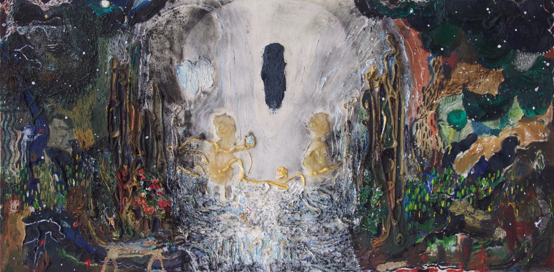 At The Fountain Well  24&quot; x 48&quot;  Oil And Paste On Canvas