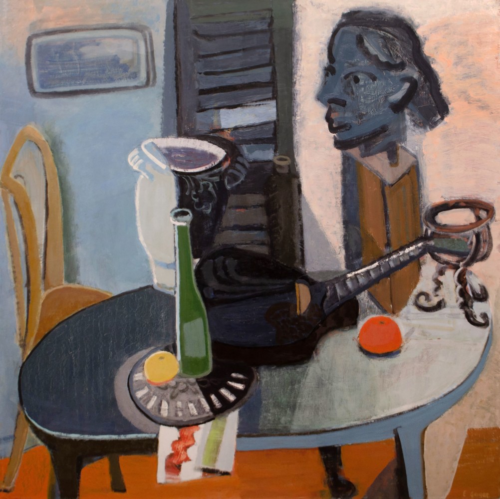 Orange And Blue Still Life With Sculpture  40&quot; x 40&quot;  Oil On Linen