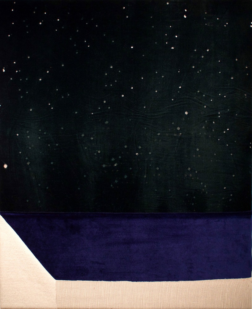 Summer Night Sky  44” x 36”  Velvet, Upholstery Fabric, And Silk