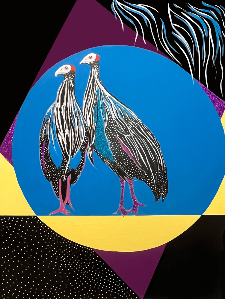 Guinea Fowl  48&quot; x 36&quot;  Oil On Canvas With Spot Glitter &amp; Mirror Marker