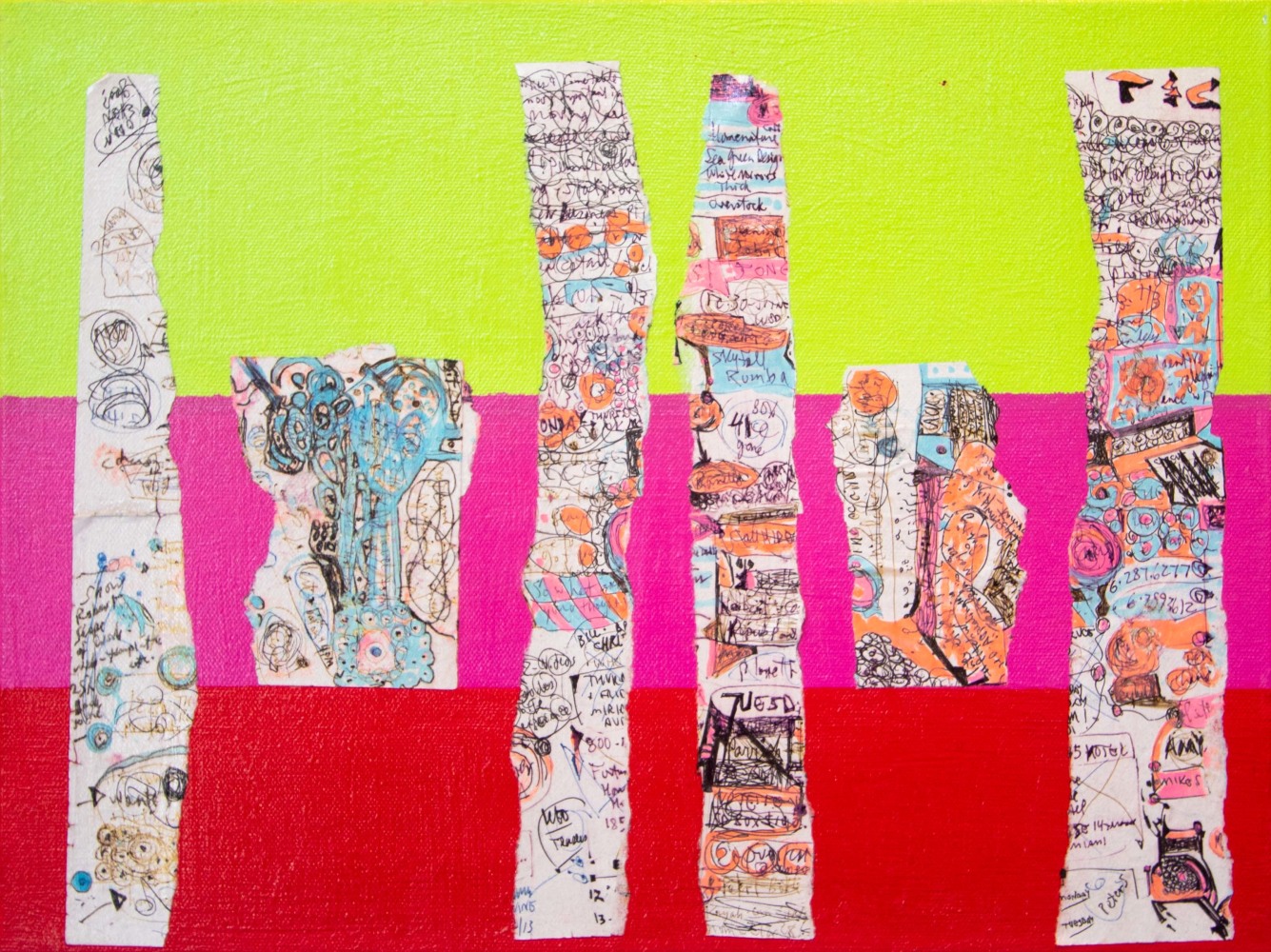 Ron Burkhardt, NOTISM- &quot;Spires&quot; 2013. Acrylics, Pen and Ink on Paper Collaged on Canvas, 12 x 16 inches