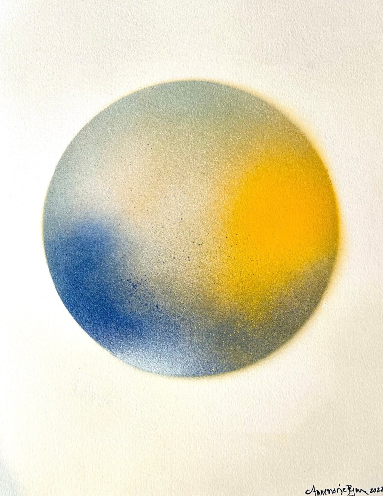 Annemarie Ryan’s Blue &amp; Yellow Abstract painting for the Ritz Carlton, South Beach, &quot;Sun-Water-Sky 1,&quot; 2022, Watercolor &amp; Vitreous Acrylic on paper, 16 x 12 inches,