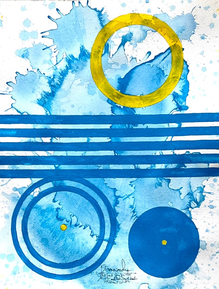 J. Steven Manolis' blue and yellow Abstract painting &quot; Sun, Water, Sky V,&quot; 2022, Watercolor and vitreous acrylic on paper on display and available at the Ritz Carlton Miami Beach