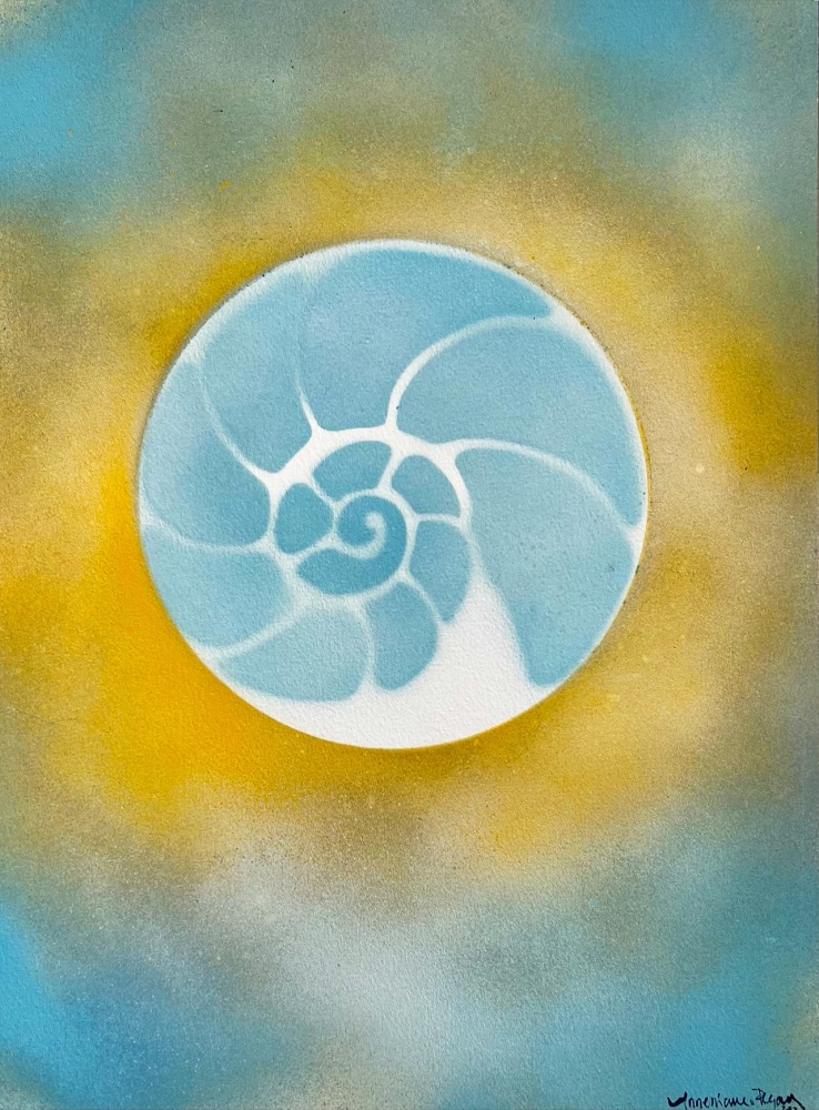 Annemarie Ryan’s Blue &amp; Yellow Abstract painting Sun-Water-Sky 3, 2022, Watercolor &amp; Vitreous Acrylic on paper, 16 x 12 inches, on display and available at the Ritz Carlton , South Beach