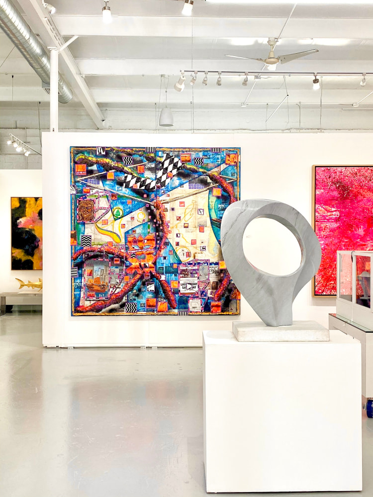Off the Charts Art Basel Miami 2019 Show at Manolis Projects. Paintings by Reid Stowe, J. Steven Manolis, Bruce Helander (far left), Miles Slater Sculpture