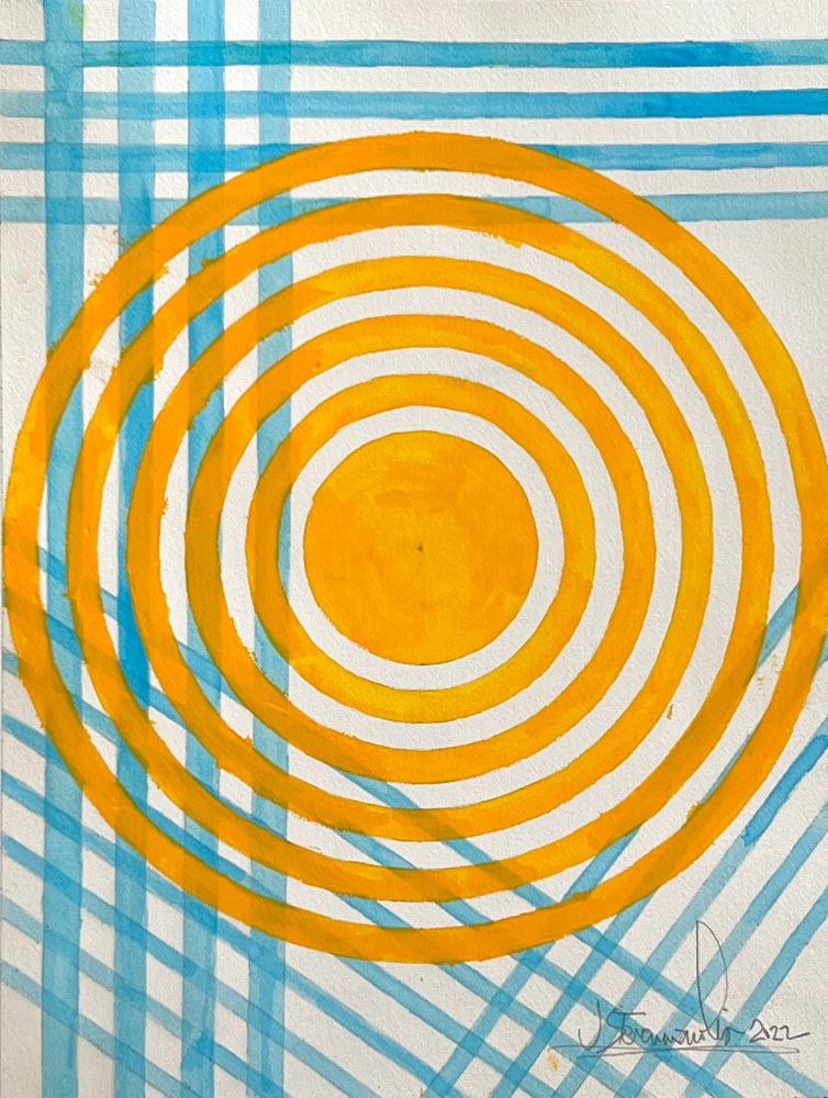 J. Steven Manolis' blue and yellow Abstract painting &quot; Sun, Water, Sky II,&quot; 2022, Watercolor and vitreous acrylic on paper on display and available at the Ritz Carlton Miami Beach