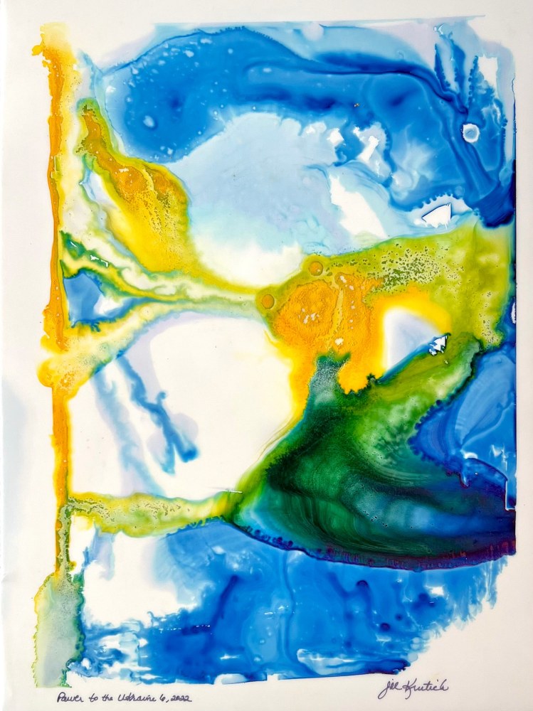 Jill Krutick’s Blue and Yellow Abstract Painting, “Power to Ukraine 6,” 2022, Watercolor and acrlyic painting on paper, 16 x 12 inches, on display and available at the Ritz Carlton South Beach