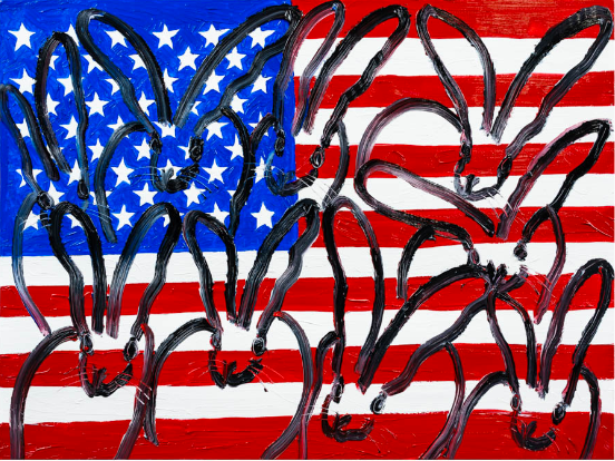 American Flag by contemporary artist, Hunt Slonem. This painting is of an American Flag in red, white, and blue with Hunt Slonem’s iconic bunnies outlined in black on top of it. This oil painting on canvas is 30 inches high by 40 inches wide and is one of many Hunt Slonem bunny paintings for sale at Manolis Projects Art Gallery in Miami, FL.