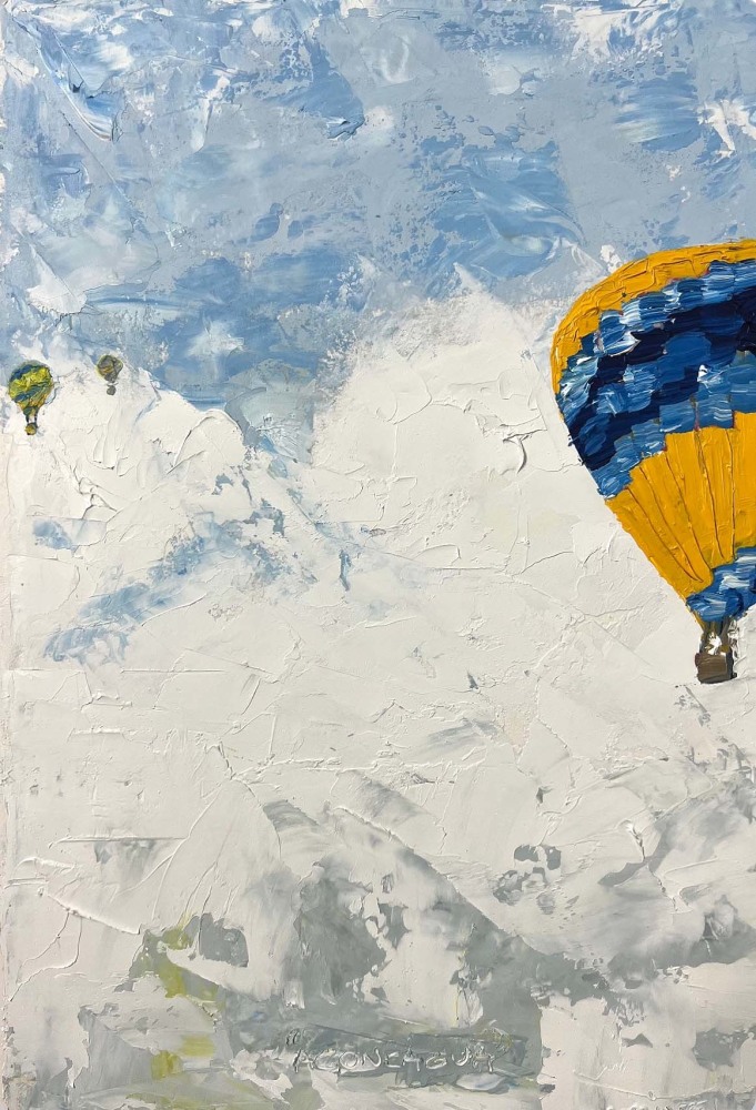 Argentinian artist Aurelia Majorel’s blue and yellow hot air balloon painting “Aconcagua,” 2022, Oil on paper, 16 x 12 inches, on display and available at the Ritz Carlton Miami Beach