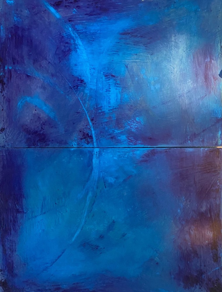Maite Nobo's large blue abstract painting, &quot;Lovers, Half Perfect, Half Divine,&quot; painted in 2022 with mixed media on canvas totaling 96 inches high by 72 inches wide.