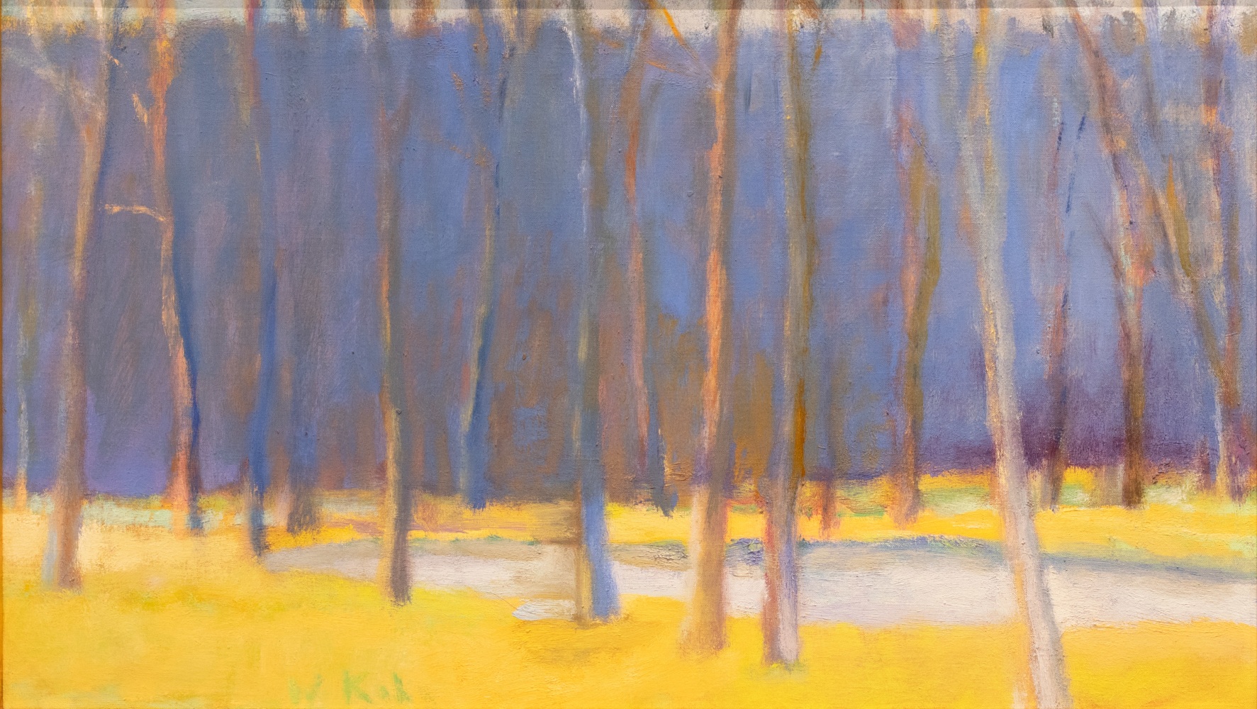 Wolf Kahn, A Study of Yellow and Purple, 1995, oil on linen, 16 x 28 inches, Wolf Kahn art for sale, Wolf Kahn Trees