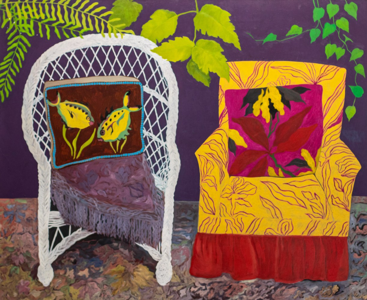 Hunt Slonem, chair duet, 1977, Oil painting on canvas, 70 x 58 inches, Hunt Slonem art for sale, pillow series