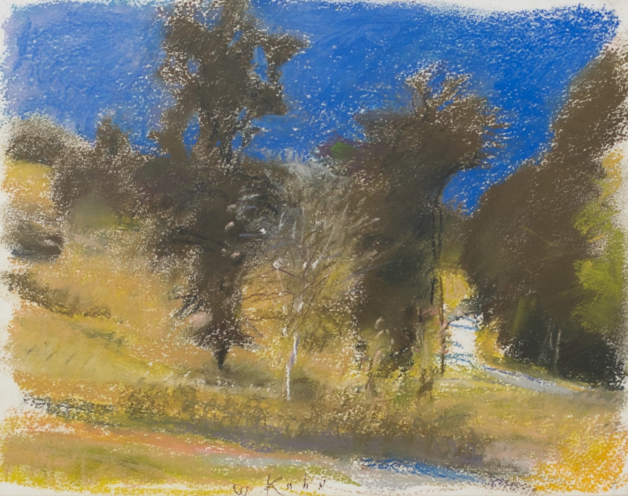 The Start of Covey Road, is an original Wolf Kahn pastel for sale at, Manolis Projects Gallery. This pastel is of a Wolf Kahn landscape with several trees in green and blue, and was completed in 2001. This pastel on paper is 11 inches high x 14 inches wide. This artwork is a classic example of Kahn’s style as it features the fusion of color, spontaneity, and loose strokes, which create the luminous and vibrant atmospheric rural New England landscapes and color fields. Kahn’s unique blend of American Realism and the formal discipline of Color Field painting sets the work of Wolf Kahn apart from his contemporaries. It is one of many original Wolf Kahn artworks for sale at Manolis Projects Gallery Miami.