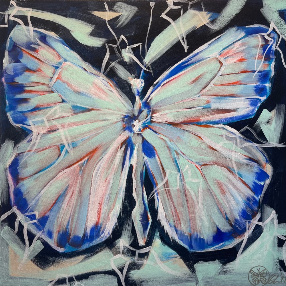 Olivia Daane, Psyche - Soul Lift, 2022, Mixed media on canvas, 20h x 20w inches, Butterfly art for sale