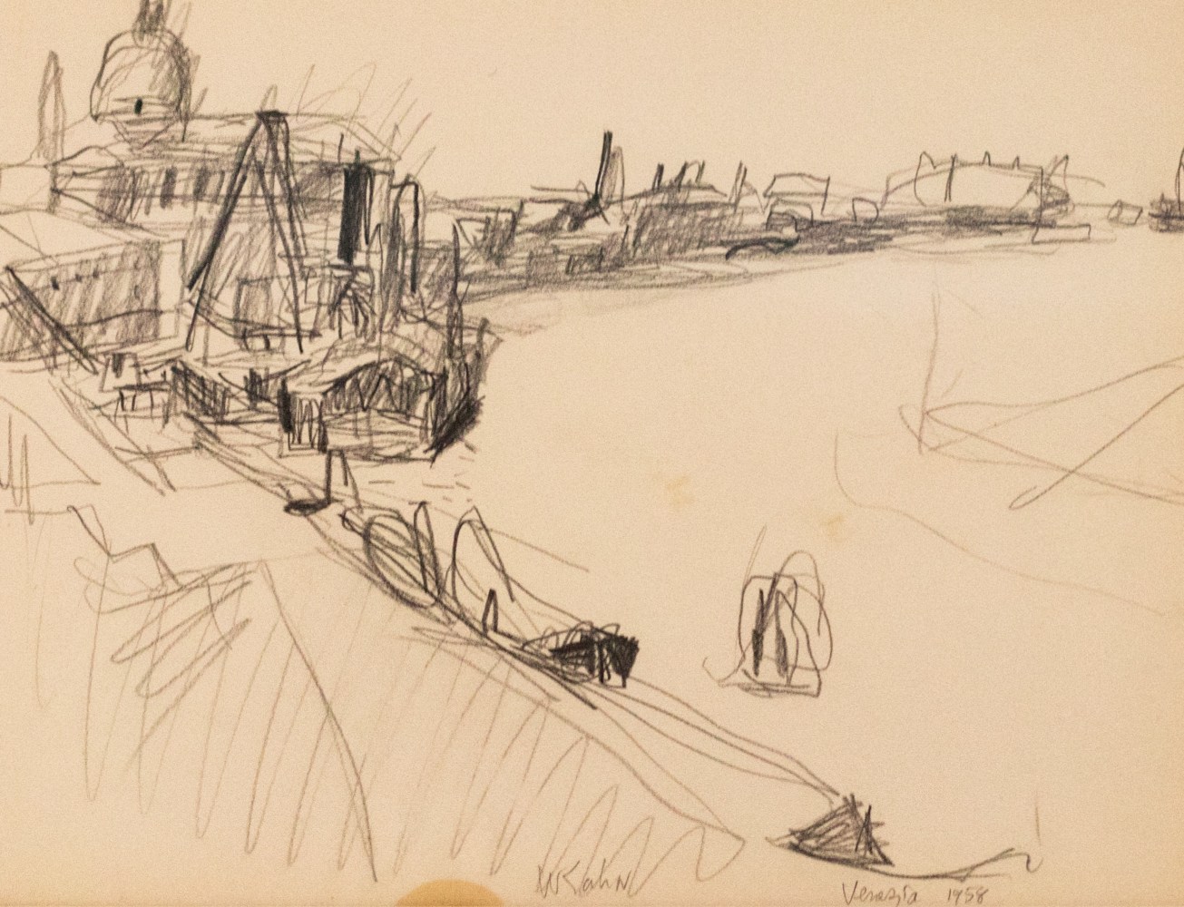 Wolf Kahn, On the Giudecca, 1958, Pencil on paper, 11.5 x 14.75 inches, Wolf Kahn art for sale, Wolf Kahn Drawings