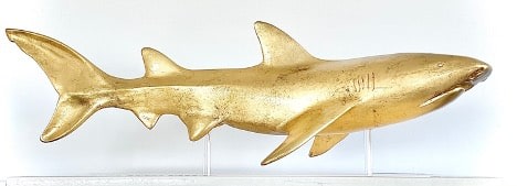Hamilton Aguiar, Shark (small sculpture), 2016, Gold Leaf on Mixed Media, 35h x 14w x 12d inches