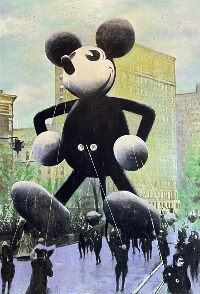 Bruce Helander, Macy's Mickey Mouse, ca. 1934 (Purple &amp; Green), 2019, Acrylic on Canvas with Embellishments, Glitter and Spray Paint, 79 x 54 inches, bruce helander art for sale
