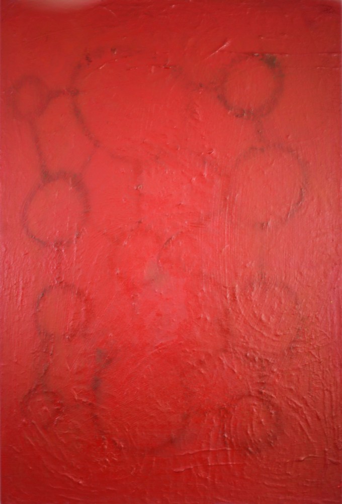 Maite Nobo's red abstract painting, La Caden, painted in 2022 with mixed media on canvas totaling 60 inches high by 40 inches wide.
