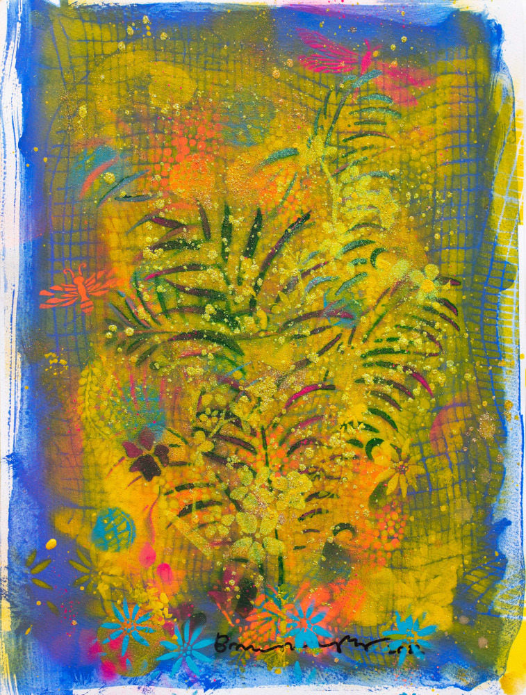 Bruce Helander’s Yellow and Blue abstract painting, “Garden Surprise with Butterflies 3,” 2022, Mixed media on paper, 16 x 12 inches, on display and available at the Ritz Carlton South Beach