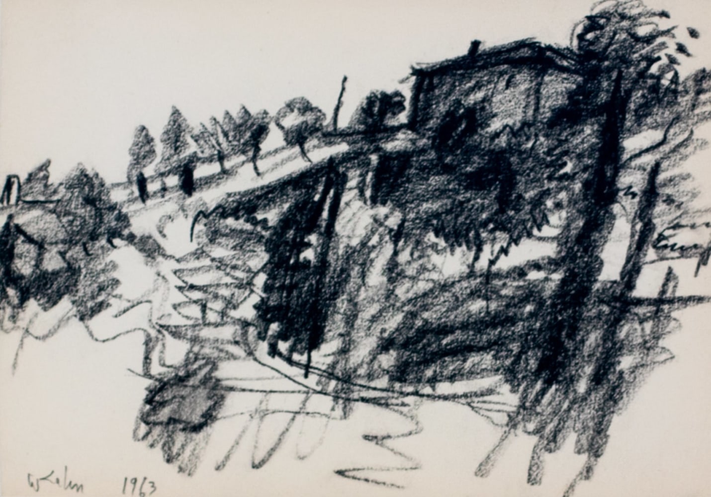 Wolf Kahn, In Tuscany 2, 1957, conte crayon on paper, 4.75 x 6.75 inches, Wolf Kahn art for sale, Wolf Kahn Drawings