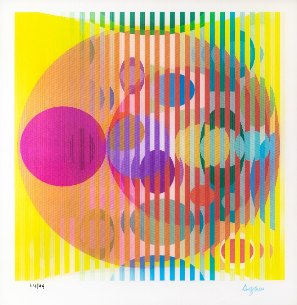 Yaacov Agam, Four Seasons, 2005, Agamograph on paper, 13.75 x 13.25 inches, Edition 44 of 99, Yaacov Agam agamograph for sale at Manolis Projects Art Gallery, Miami, Fl
