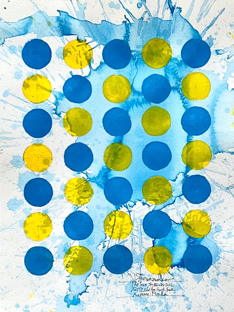 J. Steven Manolis' blue and yellow Abstract painting &quot; Sun, Water, Sky IV,&quot; 2022, Watercolor and vitreous acrylic on paper on display and available at the Ritz Carlton Miami Beach