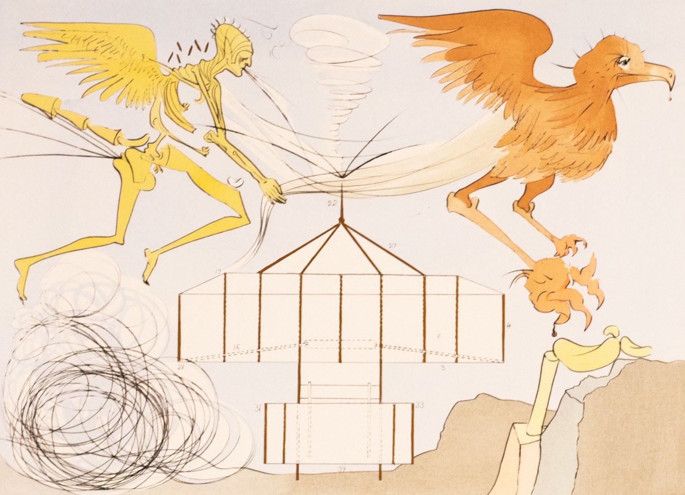 Salvador Dali, L’aeroplane, From Homage a Leonardo da Vinci, 1975, Engraving with Pochoir on Arches paper, 22.25 × 29.88 inches, Salvador Dali signed print, Salvador Dali prints for sale