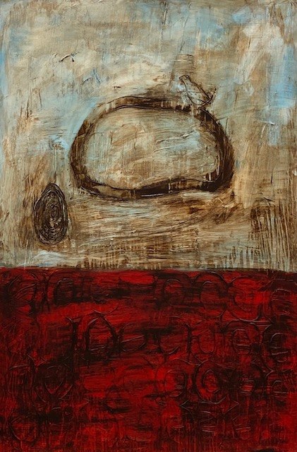 Connie Lloveras, Rock, Bird, Scribble and Circles, 2019, Mixed Media on Canvas, 72h x 48w in