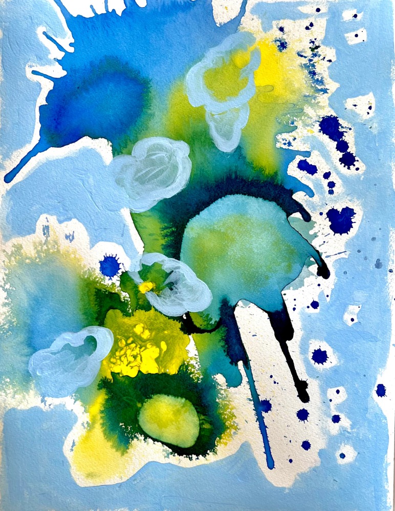 Camila Webster’s Blue and Yellow Abstract Painting, “Skies Over Miami 3,” 2022, Watercolor and acrlyic painting on paper, 16 x 12 inches, on display and available at the Ritz Carlton South Beach