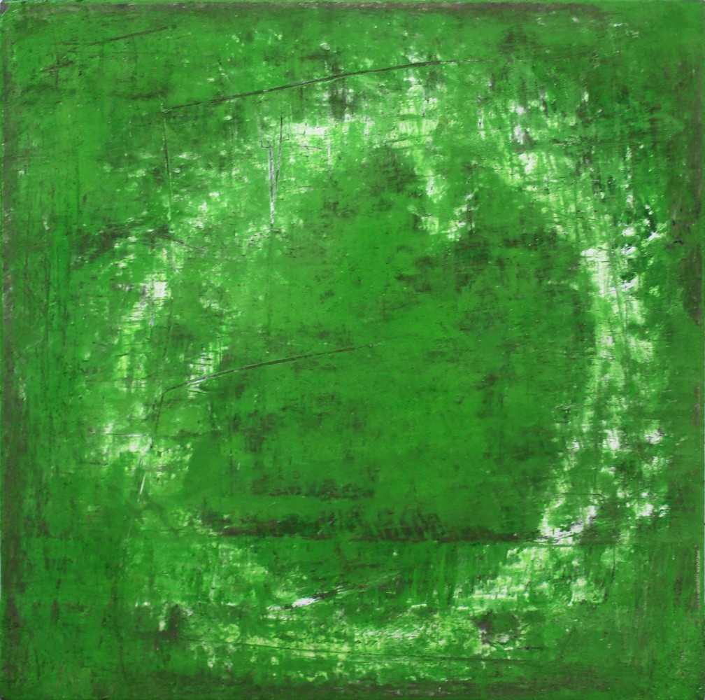 Maite Nobo's green abstract painting, &quot;Inner Growth,&quot; painted in 2022 with mixed media on canvas totaling 20 inches high by 20 inches wide.
