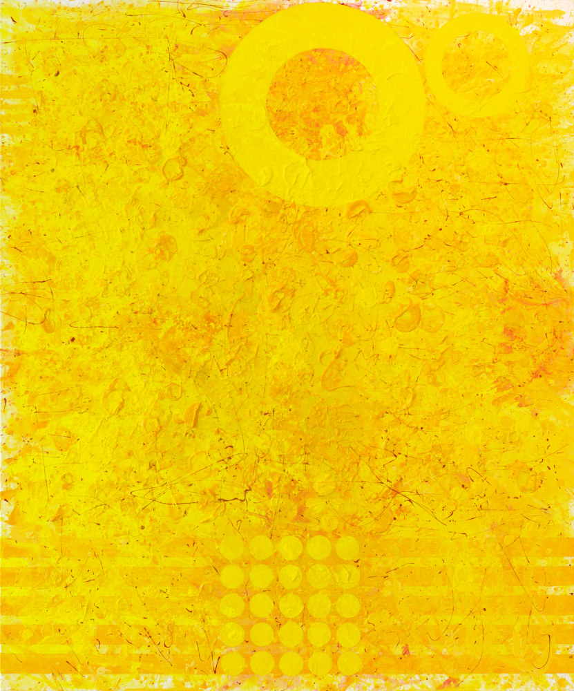 J.Steven Manolis, Sunshine (Summer Solstice), 2021, Acrylic and Latex Enamel on canvas, 72 x 60 inches, Yellow Abstract art, Large Abstract Wall Art for Sale at Manolis Projects Art Gallery, Miami Fl