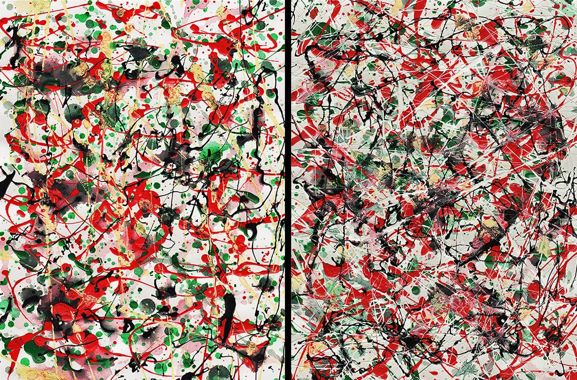 J. Steven Manolis, Chaos Red, Green &amp; Black-2002.1&amp;2, enamel and oil on paper, 12 x 18 inches (Diptych), For sale at Manolis Projects Art Gallery, Miami Fl