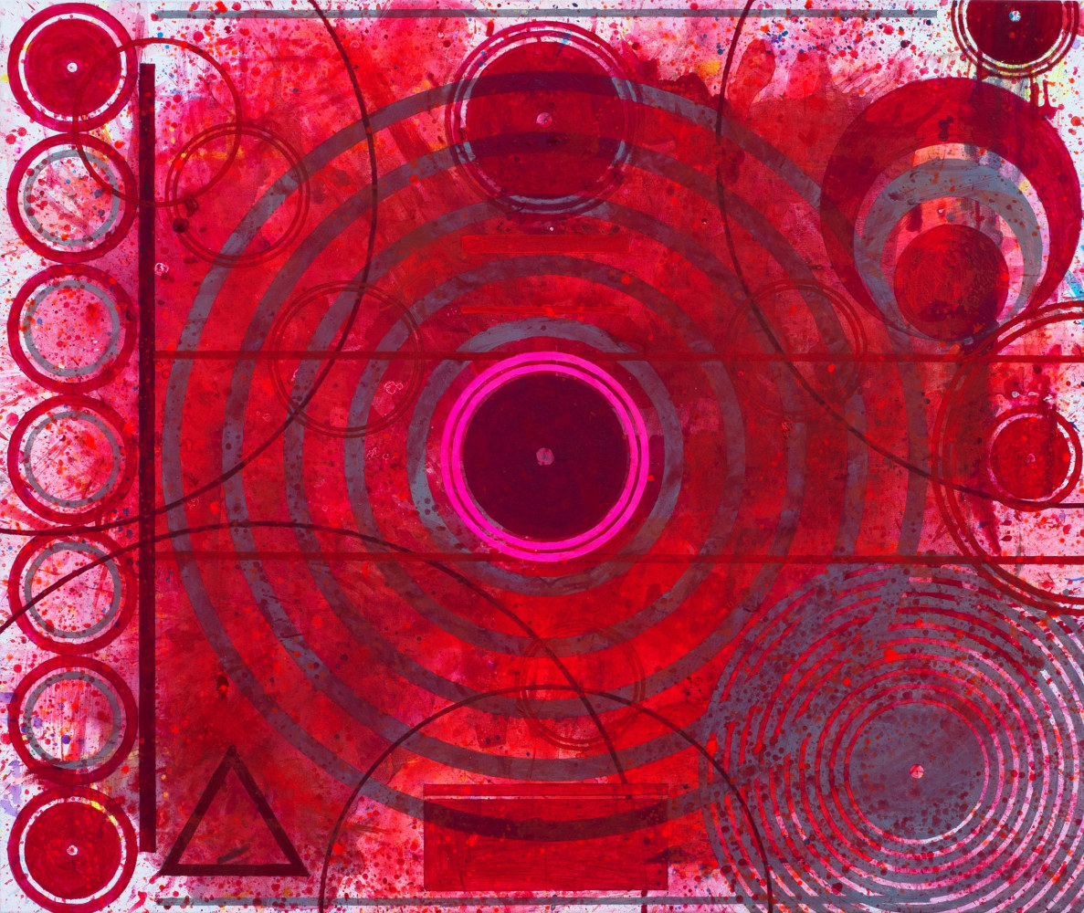 J. Steven Manolis, REDWORLD Concentric, 2019, Acrylic on canvas, 60 x 72 inches, Red Abstract Art, Large Abstract Wall Art for sale at Manolis Projects Art Gallery, Miami, Fl