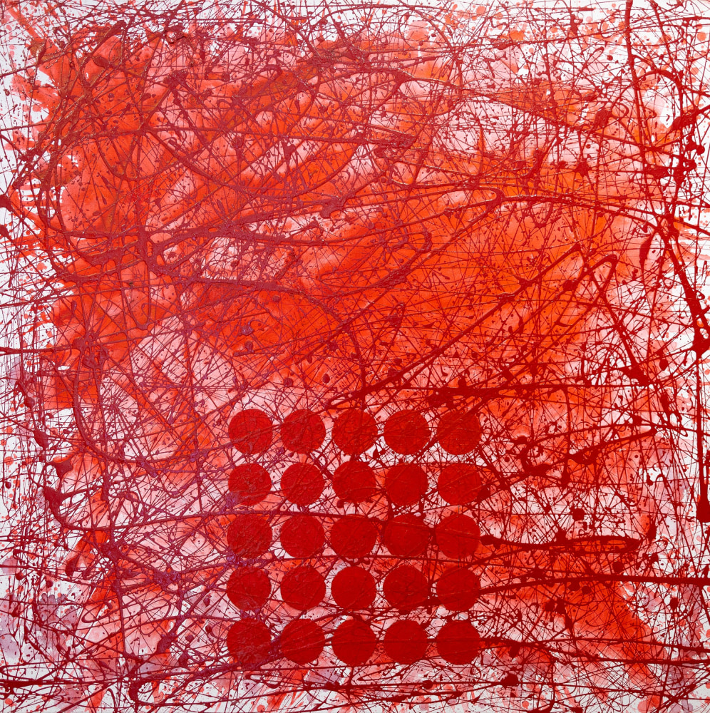 J. Steven Manolis, REDWORLD (Ferrari Wheels), 2020,48x48, acrylic and latex enamel on canvas, Red Abstract Painting, Abstract expressionism art for sale