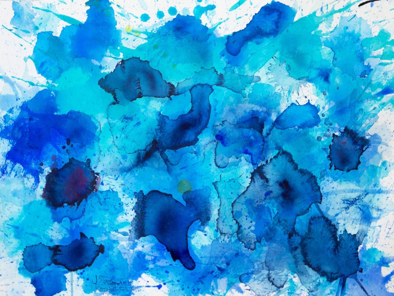 J. Steven Manolis, Splash (Key West), 12.18.14, 2016, Watercolor and Acrylic on paper, 12 x 18 inches, Blue abstract expressionism watercolor art