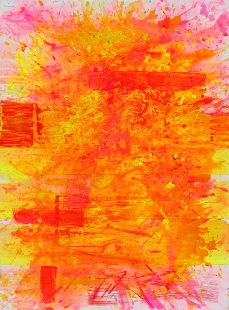 j. Steven Manolis, Palm Beach Light (Sunrise), 2019, Acrylic painting on canvas, 40 x 30 inches, pink, yellow, orange, gestural Abstraction, Abstract Expressionism art for sale at Manolis Projects Art Gallery, Miami, Fl