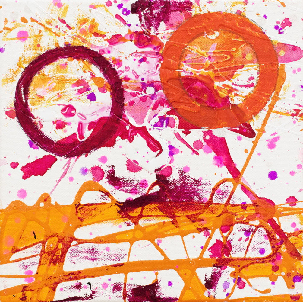 J. Steven Manolis, Flamingo 10.10.05, 2020, acrylic painting on canvas, 10 x 10 inches, Pink and Orange Abstract Art, Abstract expressionism art for sale at Manolis Projects Art Gallery, Miami, Fl