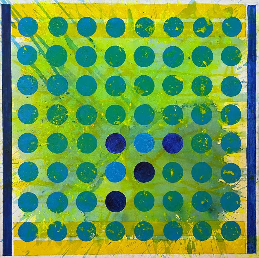 J. Steven Manolis' blue, green and yellow Abstract expressionist painting, &quot;Sun, Water, Sky 36.36.01,&quot; 2022, acrylic on canvas. On display and available at the Ritz Carlton Miami Beach